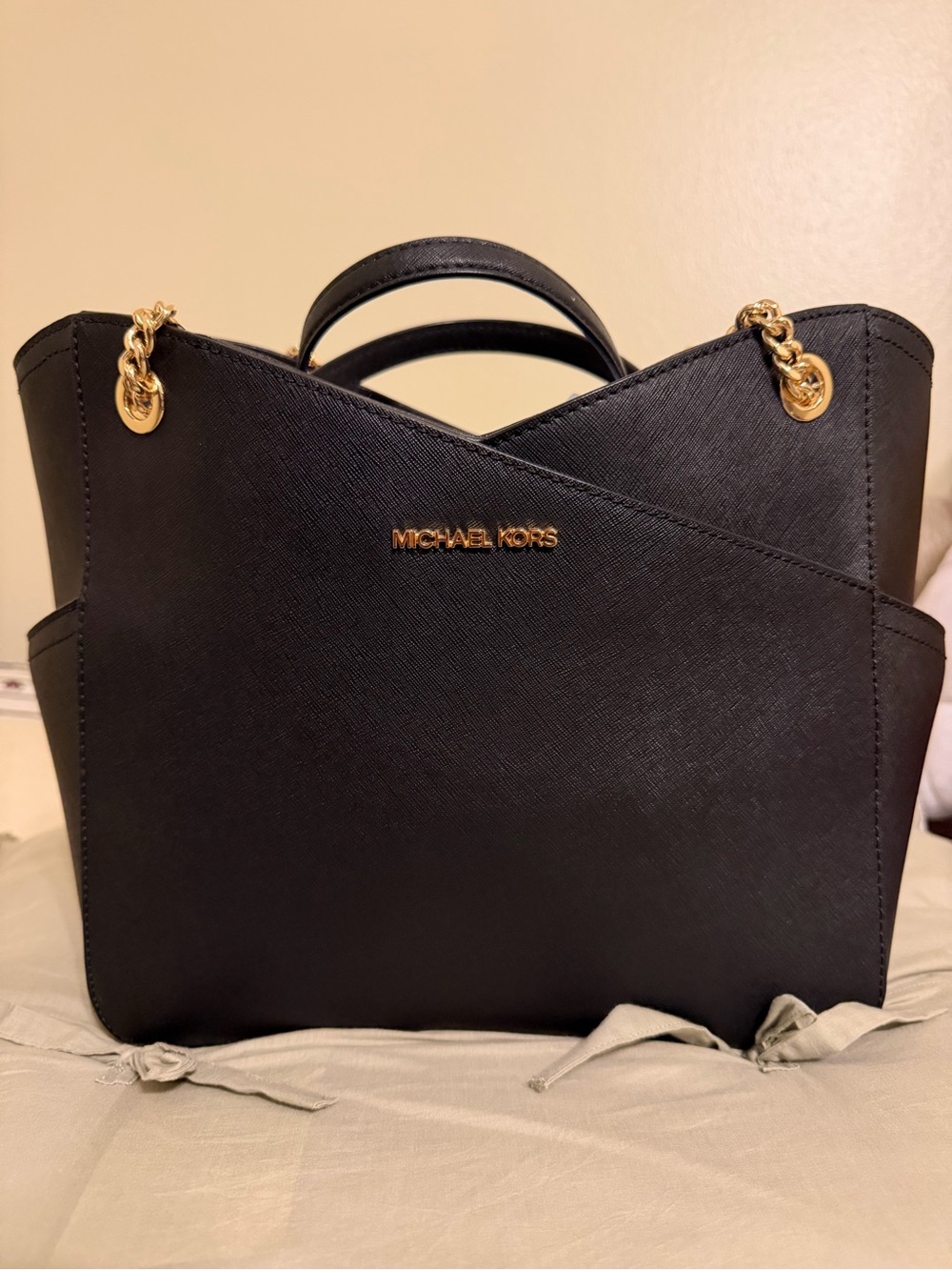 Michael Kors Black Saffiano Leather Tote with Gold Hardware
